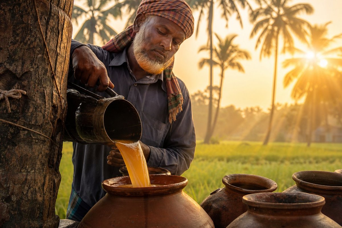 ভোরবেলা খেজুর রস সংগ্রহ করছেন গ্রামীণ কারিগর
